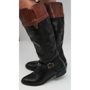 Womens Two Tone Riding Boots Black Brown Buckle Tall Knee High Equestrian Zip Up
